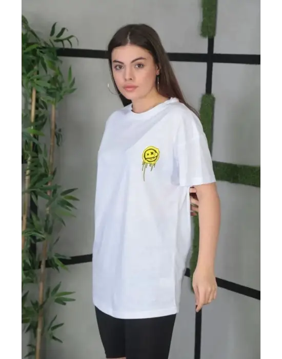 SBRD- Kadın Bisiklet Yaka Baskılı Kısa Kol Oversize T-shirt - Beyaz