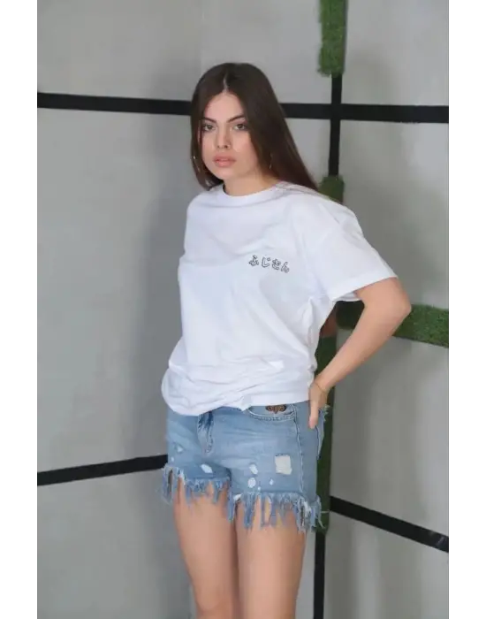 SBRD- Kadın Bisiklet Yaka Baskılı Kısa Kol Oversize T-shirt- Beyaz
