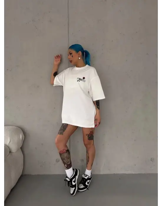 SBRD- Kadın Bisiklet Yaka Baskılı Kısa Kol Oversize T-shirt - Beyaz