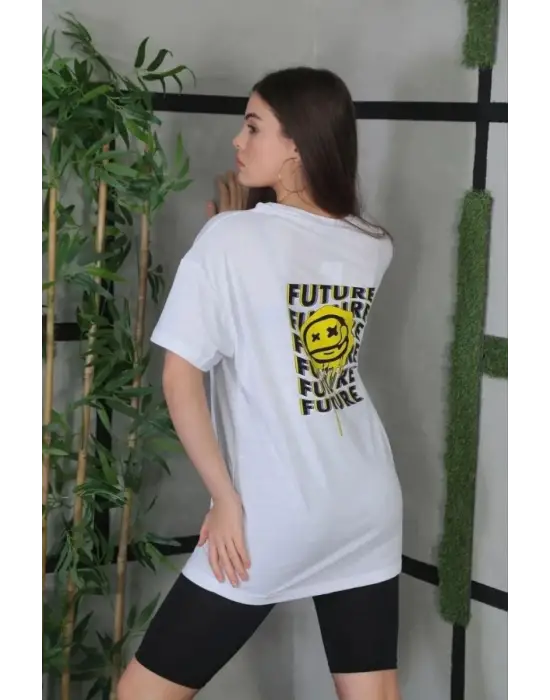 SBRD- Kadın Bisiklet Yaka Baskılı Kısa Kol Oversize T-shirt - Beyaz