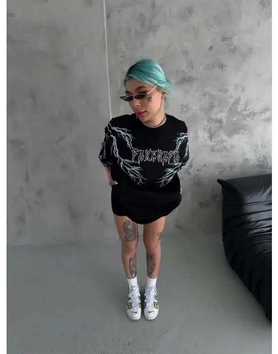 SBRD- Kadın Bisiklet Yaka Baskılı  Kısa Kol Oversize T-shirt - Siyah