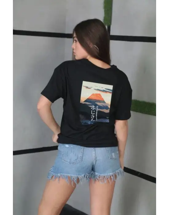 SBRD- Kadın Bisiklet Yaka Baskılı Kısa Kol Oversize T-shirt - Siyah