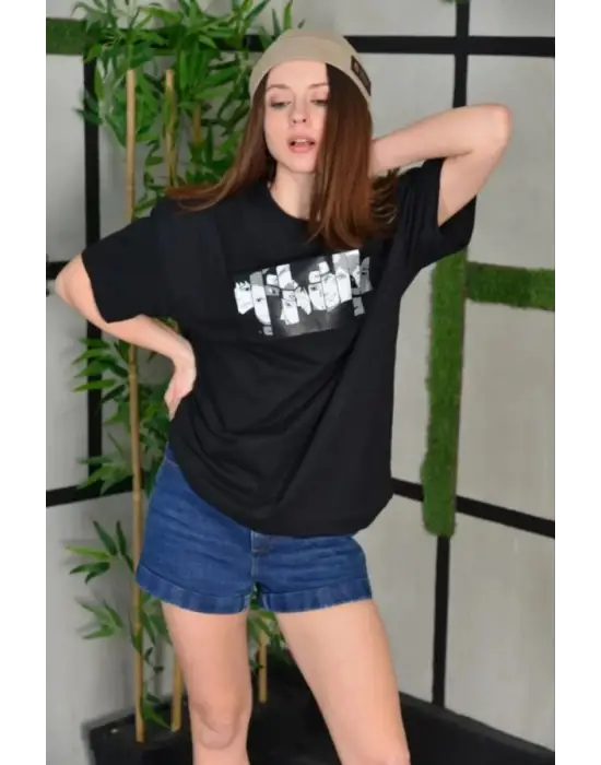 SBRD- Kadın Bisiklet Yaka Baskılı  Kısa Kol Oversize T-shirt - Siyah