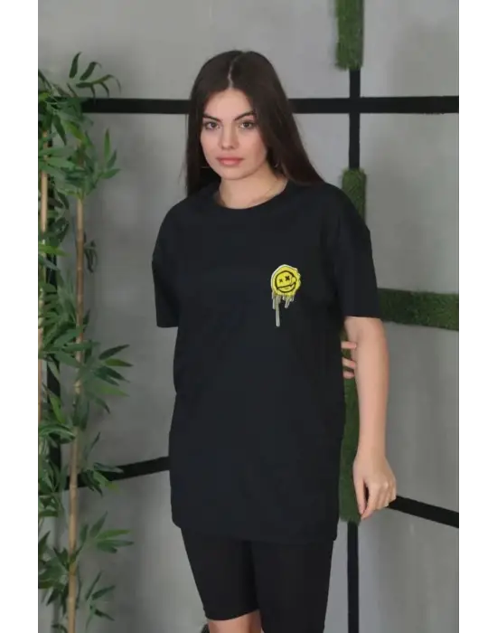 SBRD- Kadın Bisiklet Yaka Baskılı  Kısa Kol Oversize T-shirt - Siyah