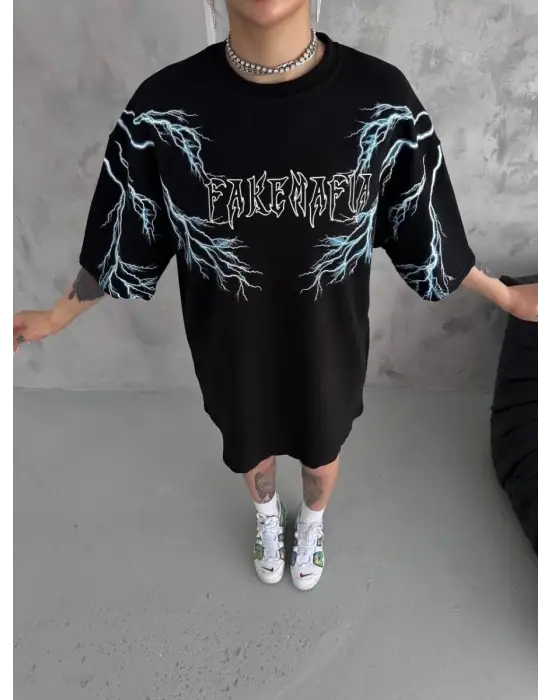 SBRD- Kadın Bisiklet Yaka Baskılı  Kısa Kol Oversize T-shirt - Siyah