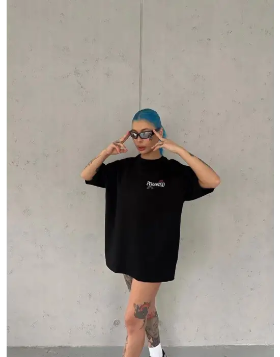 SBRD- Kadın Bisiklet Yaka Baskılı Kısa Kol Oversize T-shirt - Siyah