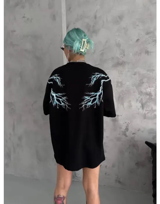 SBRD- Kadın Bisiklet Yaka Baskılı  Kısa Kol Oversize T-shirt - Siyah