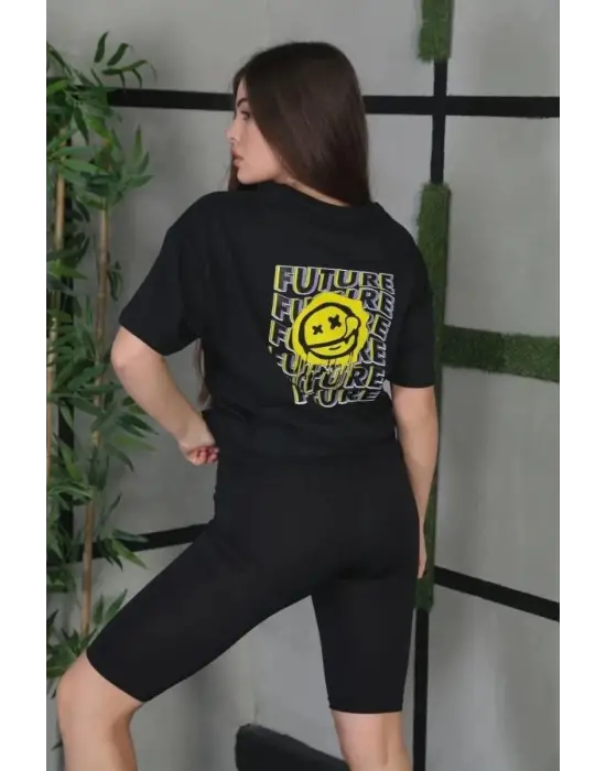 SBRD- Kadın Bisiklet Yaka Baskılı  Kısa Kol Oversize T-shirt - Siyah