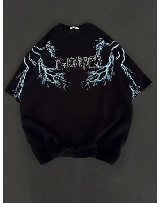 SBRD- Kadın Bisiklet Yaka Baskılı  Kısa Kol Oversize T-shirt - Siyah