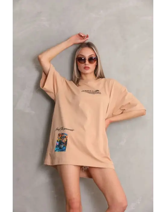 SBRD- Kadın Bisiklet Yaka Baskılı Oversize Kısa Kol T-shirt - Bej