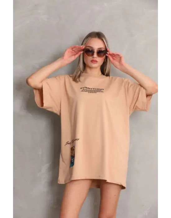 SBRD- Kadın Bisiklet Yaka Baskılı Oversize Kısa Kol T-shirt - Bej