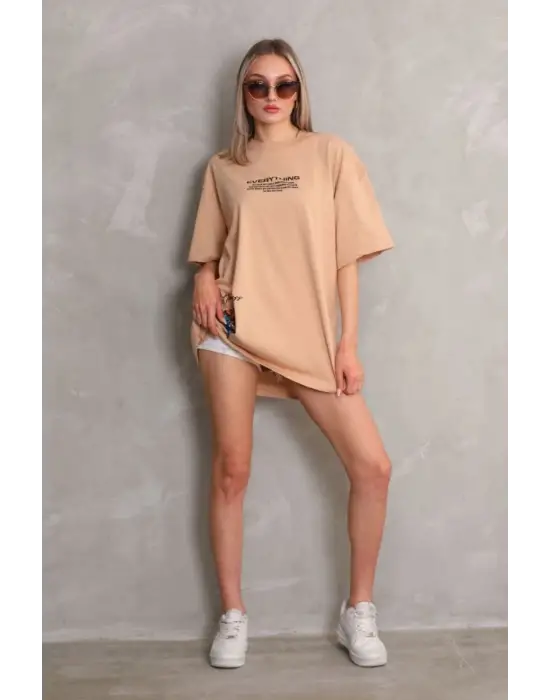 SBRD- Kadın Bisiklet Yaka Baskılı Oversize Kısa Kol T-shirt - Bej