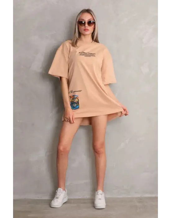 SBRD- Kadın Bisiklet Yaka Baskılı Oversize Kısa Kol T-shirt - Bej