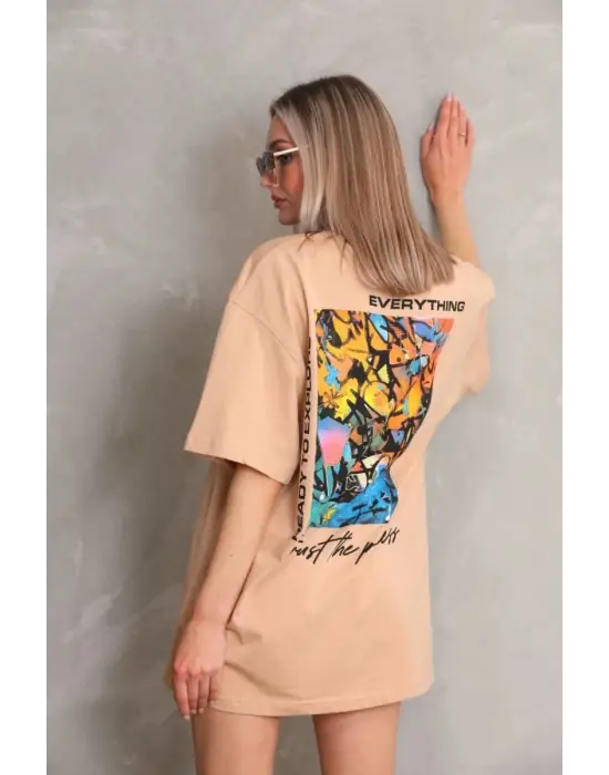 SBRD- Kadın Bisiklet Yaka Baskılı Oversize Kısa Kol T-shirt - Bej