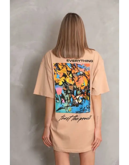 SBRD- Kadın Bisiklet Yaka Baskılı Oversize Kısa Kol T-shirt - Bej