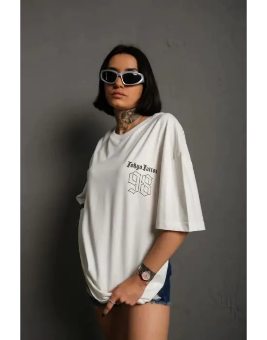SBRD- Kadın Bisiklet Yaka Baskılı Oversize Kısa Kol  T-shirt - Beyaz