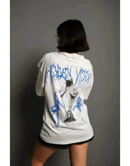 SBRD- Kadın Bisiklet Yaka Baskılı Oversize Kısa Kol  T-shirt - Beyaz