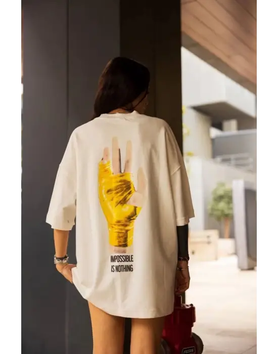 SBRD- Kadın Bisiklet Yaka Baskılı Oversize  Kısa Kol T-shirt - Beyaz