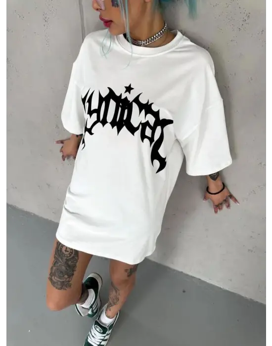 SBRD- Kadın Bisiklet Yaka Baskılı Oversize  Kısa Kol T-shirt - Beyaz