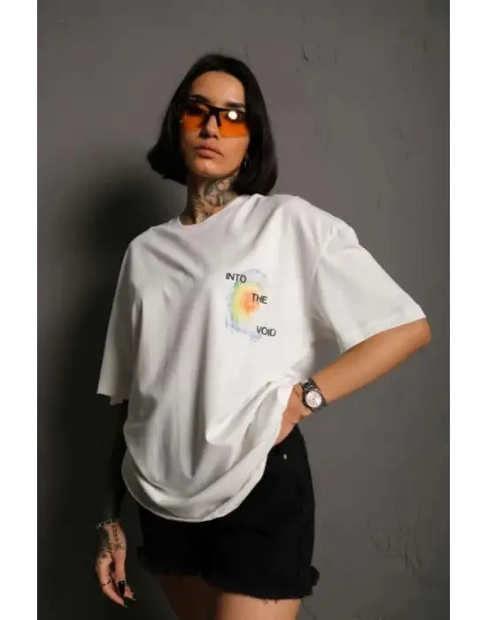 SBRD- Kadın Bisiklet Yaka Baskılı Oversize Kısa Kol T-shirt - Beyaz