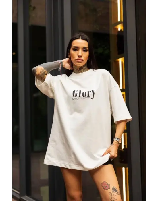 SBRD- Kadın Bisiklet Yaka Baskılı Oversize  Kısa Kol T-shirt - Beyaz