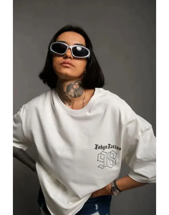 SBRD- Kadın Bisiklet Yaka Baskılı Oversize Kısa Kol  T-shirt - Beyaz