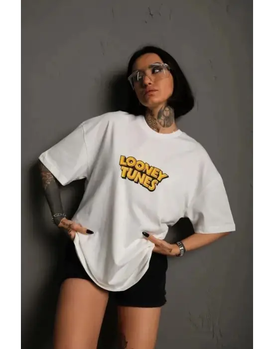 SBRD- Kadın Bisiklet Yaka Baskılı Oversize Kısa Kol  T-shirt - Beyaz