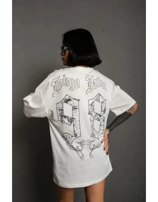 SBRD- Kadın Bisiklet Yaka Baskılı Oversize Kısa Kol  T-shirt - Beyaz