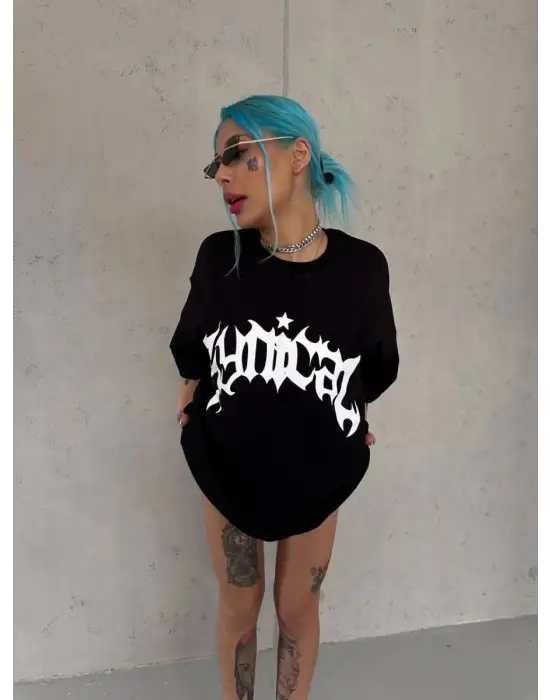 SBRD- Kadın Bisiklet Yaka Baskılı Oversize Kısa Kol  T-shirt - Siyah