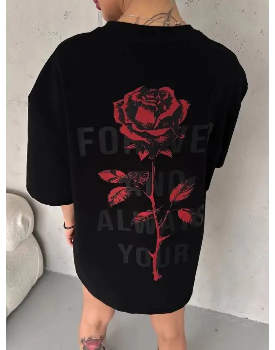 SBRD- Kadın Bisiklet Yaka Baskılı Oversize  Kısa Kol T-shirt - Siyah