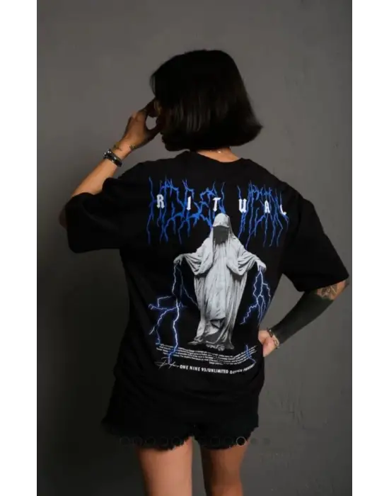 SBRD- Kadın Bisiklet Yaka Baskılı Oversize  Kısa Kol T-shirt - Siyah