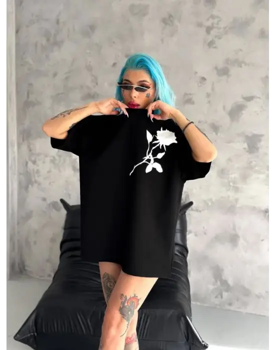 SBRD- Kadın Bisiklet Yaka Baskılı Oversize  Kısa Kol T-shirt - Siyah