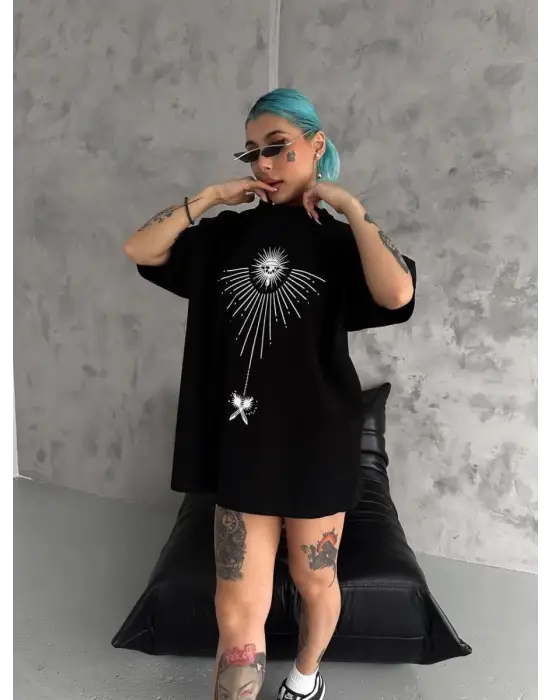 SBRD- Kadın Bisiklet Yaka Baskılı Oversize  Kısa Kol T-shirt - Siyah