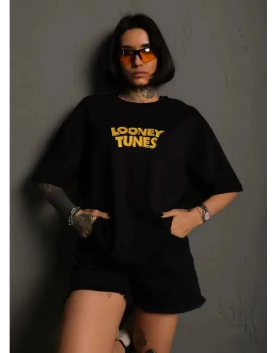 SBRD- Kadın Bisiklet Yaka Baskılı Oversize  Kısa Kol T-shirt - Siyah