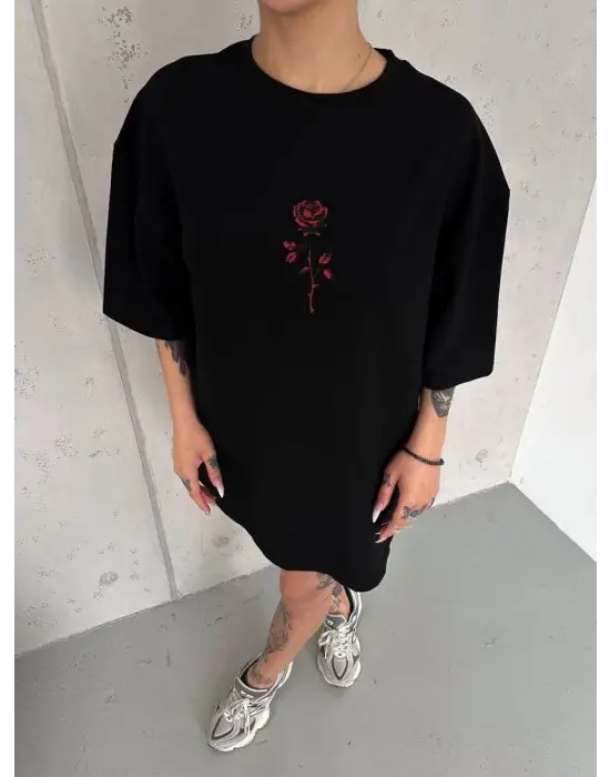 SBRD- Kadın Bisiklet Yaka Baskılı Oversize  Kısa Kol T-shirt - Siyah
