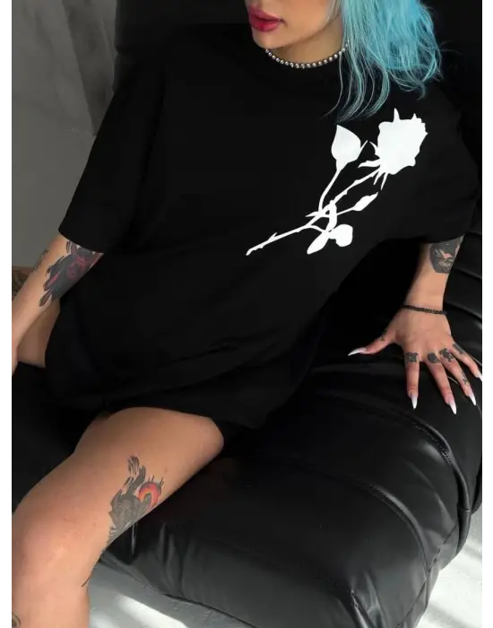 SBRD- Kadın Bisiklet Yaka Baskılı Oversize  Kısa Kol T-shirt - Siyah