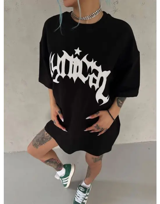 SBRD- Kadın Bisiklet Yaka Baskılı Oversize Kısa Kol  T-shirt - Siyah