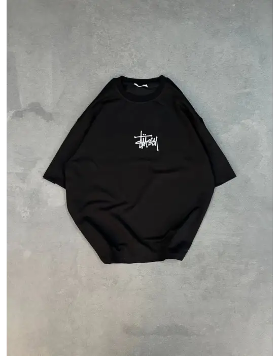 SBRD- Kadın Bisiklet Yaka Baskılı Oversize  Kısa Kol T-shirt - Siyah