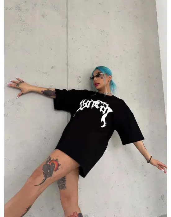 SBRD- Kadın Bisiklet Yaka Baskılı Oversize Kısa Kol  T-shirt - Siyah