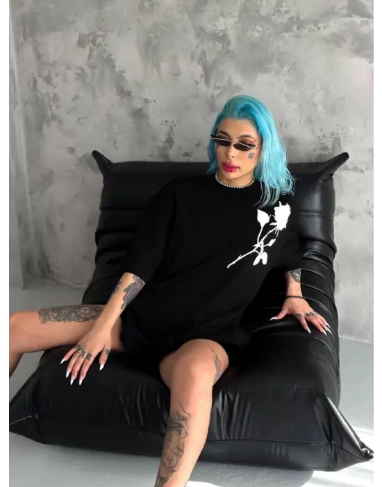 SBRD- Kadın Bisiklet Yaka Baskılı Oversize  Kısa Kol T-shirt - Siyah