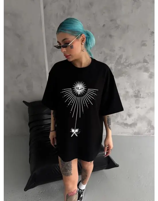 SBRD- Kadın Bisiklet Yaka Baskılı Oversize  Kısa Kol T-shirt - Siyah