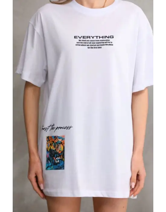 SBRD- Kadın Bisiklet Yaka Baskılı Oversize T-shirt - Beyaz