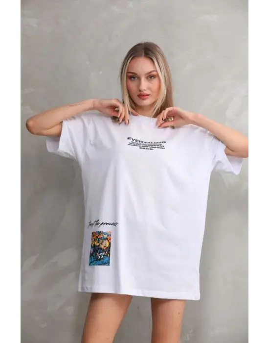 SBRD- Kadın Bisiklet Yaka Baskılı Oversize T-shirt - Beyaz