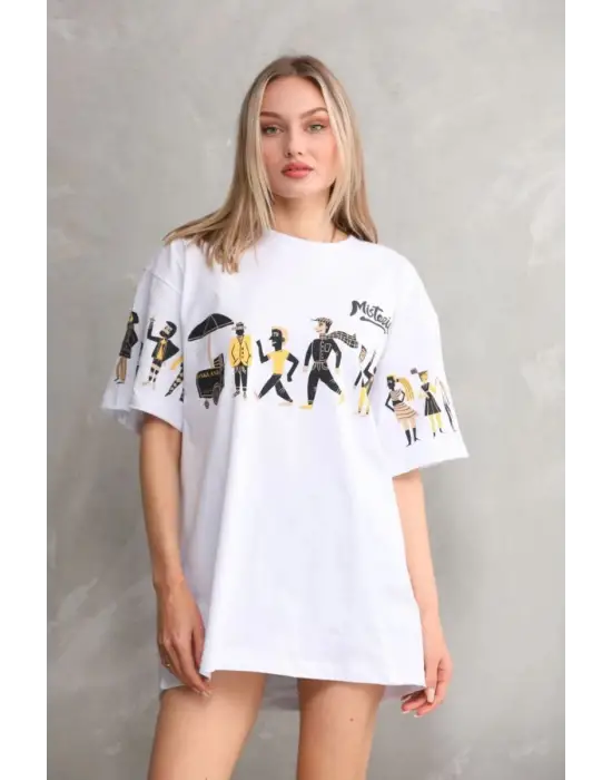 SBRD- Kadın Bisiklet Yaka Baskılı Oversize T-shirt - Beyaz
