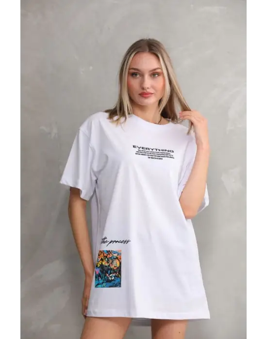 SBRD- Kadın Bisiklet Yaka Baskılı Oversize T-shirt - Beyaz