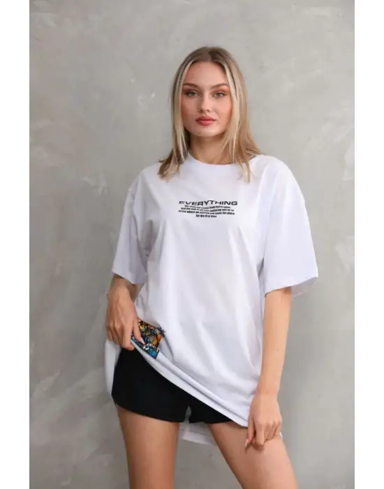 SBRD- Kadın Bisiklet Yaka Baskılı Oversize T-shirt - Beyaz