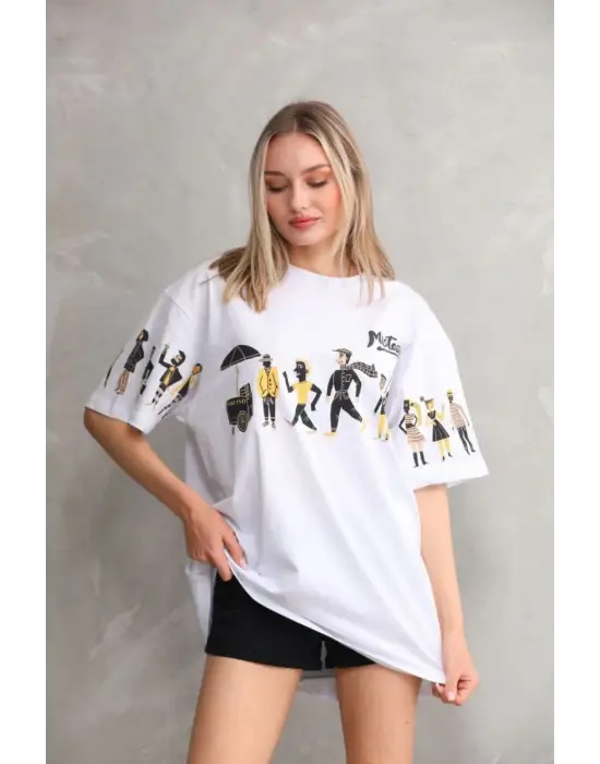 SBRD- Kadın Bisiklet Yaka Baskılı Oversize T-shirt - Beyaz