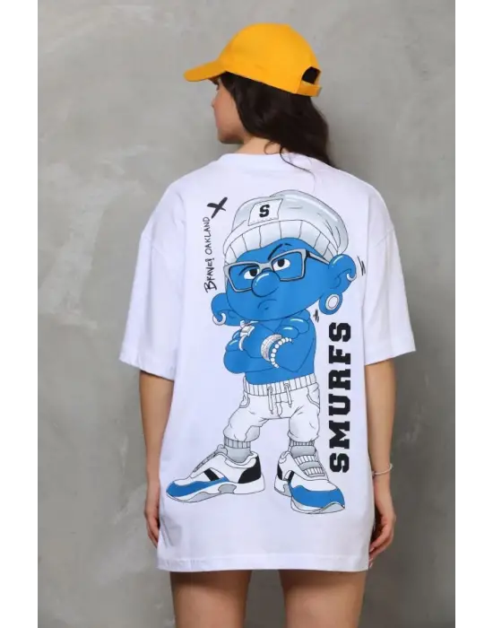 SBRD- Kadın Bisiklet Yaka Baskılı Oversize T-shirt - Beyaz