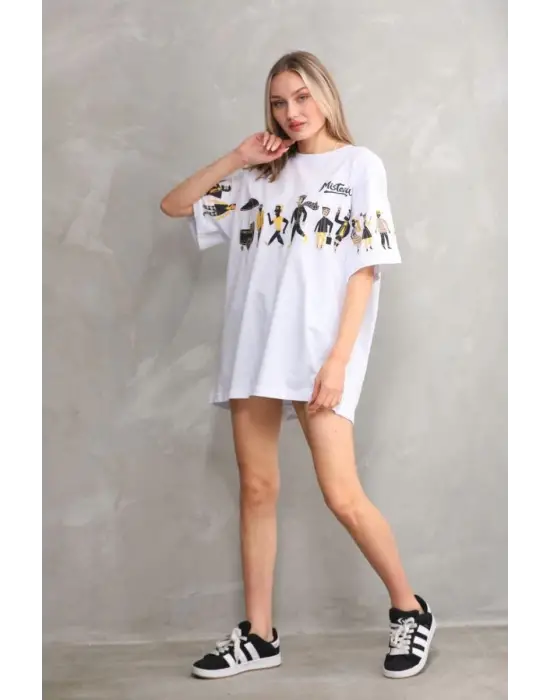 SBRD- Kadın Bisiklet Yaka Baskılı Oversize T-shirt - Beyaz