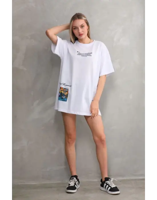 SBRD- Kadın Bisiklet Yaka Baskılı Oversize T-shirt - Beyaz